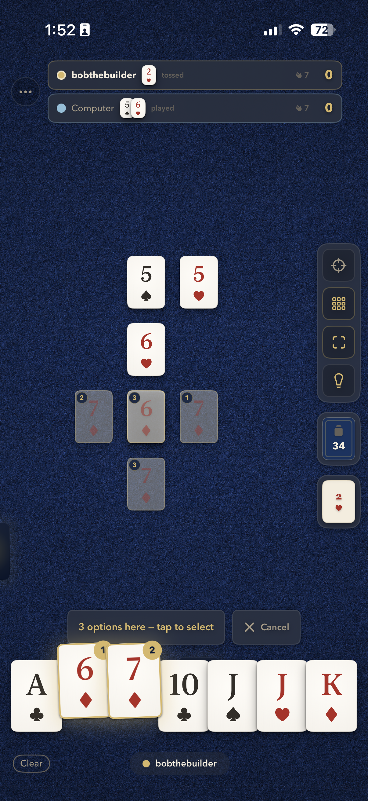 Gameplay — selecting a card to play