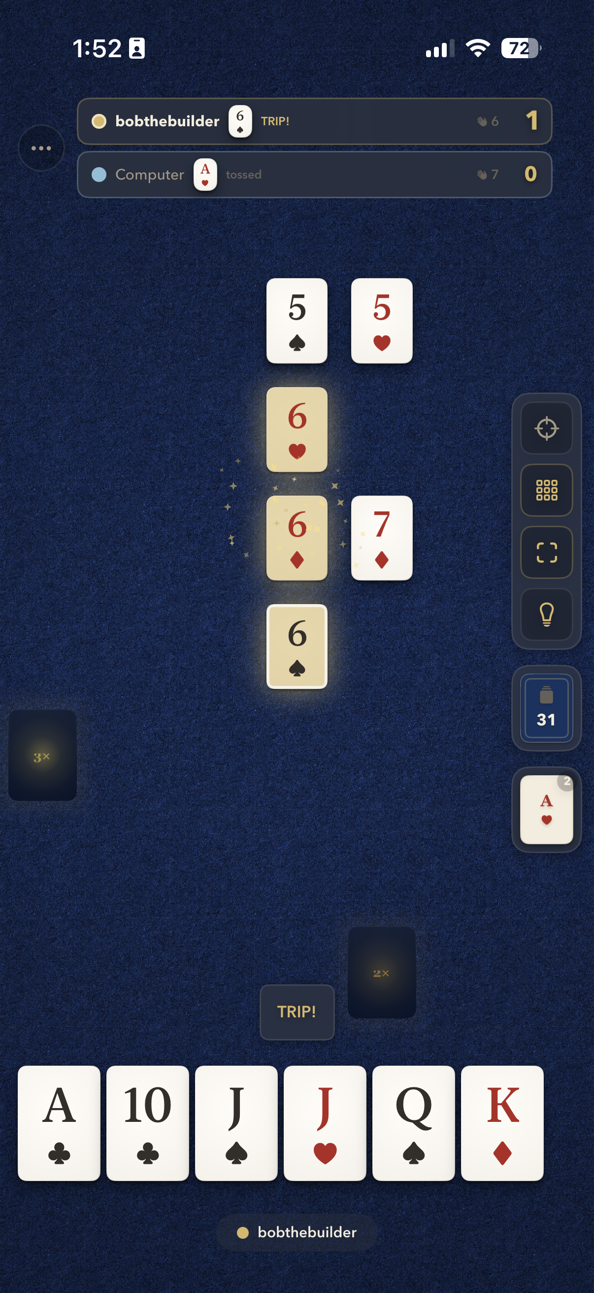 Scoring a trip with three matching cards